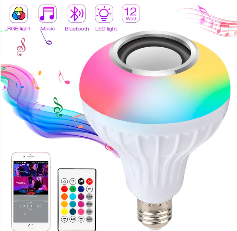 Foco LED RGB con Parlante Bluetooth - Foco Musical Inteligente Luz Blanca + Multicolor - ENVIOS GRATIS