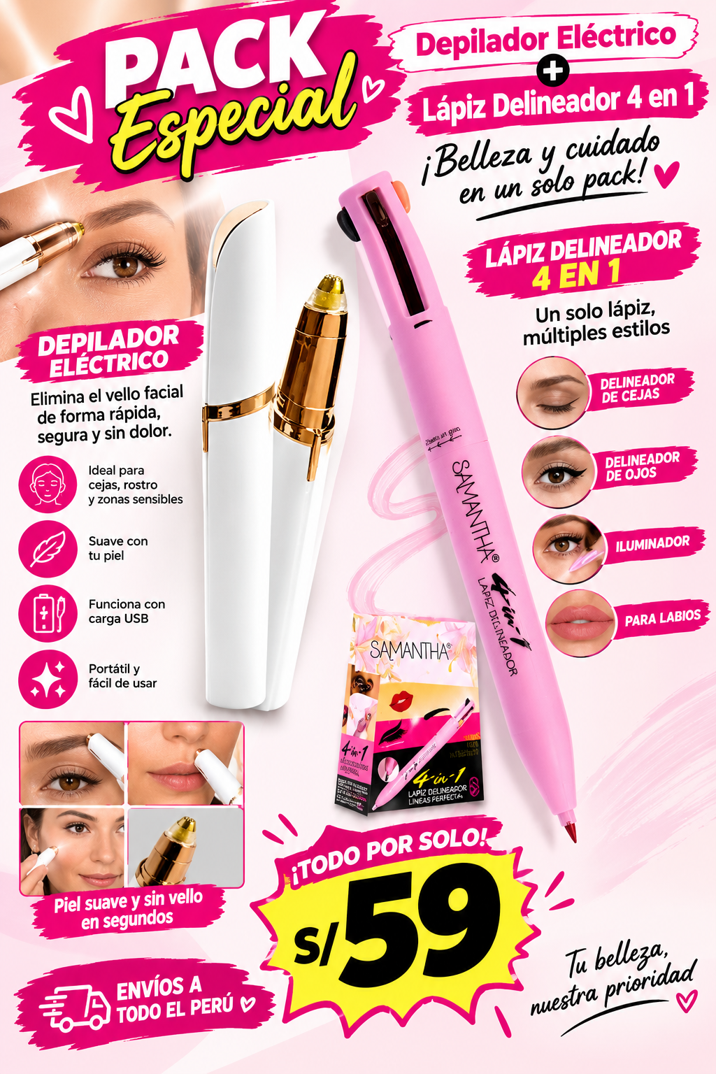 LÁPIZ DELINEADOR 4 EN 1 + DEPILADOR ELECTRICO - envió gratis
