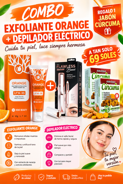 ORANGE  – GEL EXFOLIANTE ILUMINADOR +DEPILADOR ELCTRICO + REGALO  1 JABON CURCUMA- ENVIO GRATIS