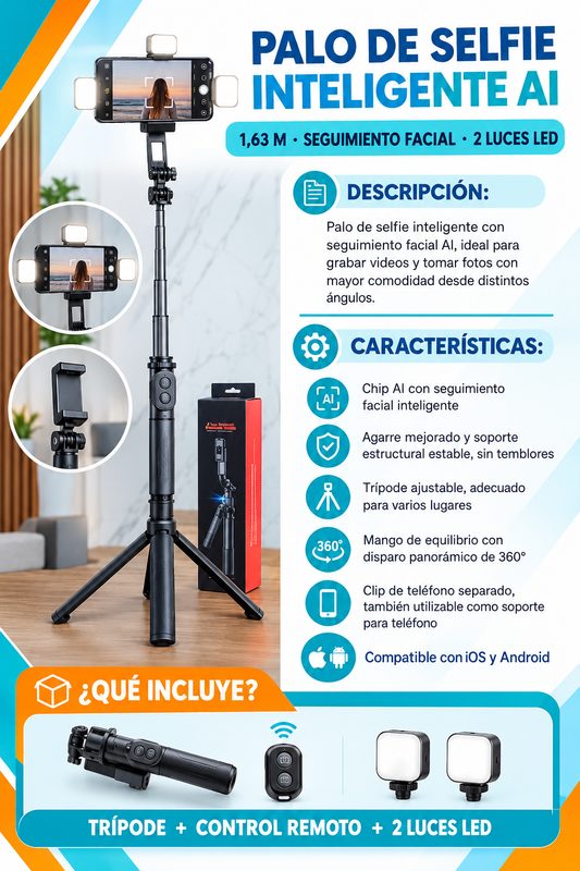 Trípode Inteligente AI  con Seguimiento Facial, 2 Luces LED